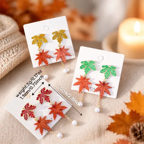 Autumn Winter Maple Leaf Pearl Tassel Drop Earrings For Women Maillard Forest Style Alloy Enamel Long Leaf Earrings Fashion Jewelry