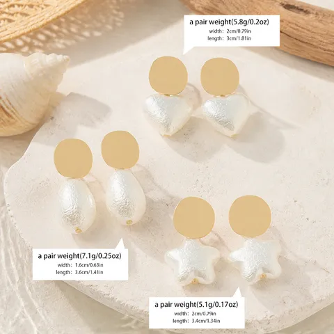 French Vintage Gold Plate Textured Artificial Pearl Stud Earrings With Stainless Steel Post Heart Star Drop Jewelry For Women