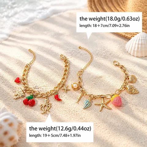 Summer Ocean Style Starfish Shell Strawberry Enamel Gold Plated Chain Bracelet For Women Tropical Vacation Jewelry