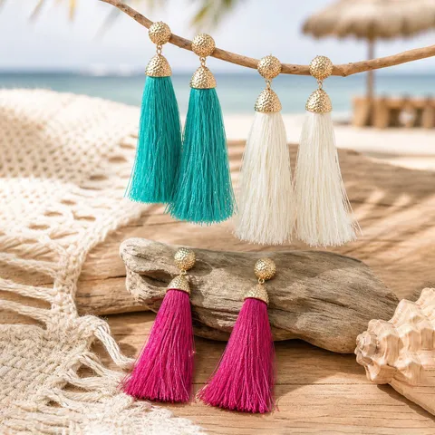 Bohemian Vacation Style Long Geometric Tassel Earrings For Women Exaggerated High-end Zinc Alloy Polyester Dangling Earrings Jewelry