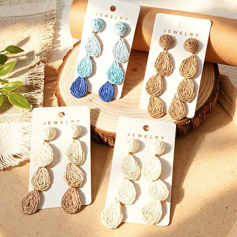 Bohemian Gradient Blue Water Drop Raffia Woven Dangle Earrings Handmade Vacation Beach Statement Jewelry For Women