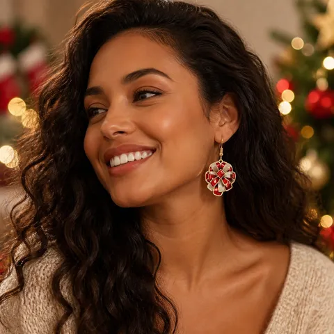 Χριστουγεννιάτικα Σκουλαρίκια Φιόγκος Ακρυλικό Κόκκινο Λευκό Φούντα Κουτί Δώρου Καρδιά Σχέδιο Γιορτινό Πάρτι Κοσμήματα Δώρο Για Γυναίκες