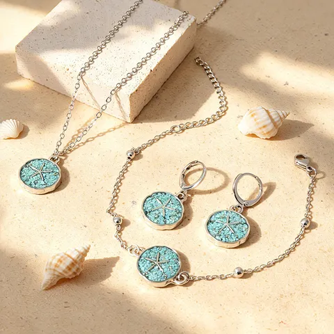Conjunto de Collar con Colgante de Turquesa y Estrella de Mar Pendientes Pulsera Tobillera Joyería de Moda Estilo Playa Colección