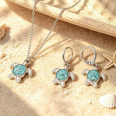 Beach Vacation Turquoise Sea Turtle Pendant Necklace Earrings Bracelet Anklet Set Zinc Alloy Marine Jewelry