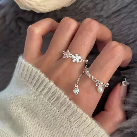 Bague Pendentif en Perle d'Eau Douce Cœur Ajouré en Argent Sterling S925 pour Femme Bague à Chaîne Réglable Minimaliste Bijoux de Mode