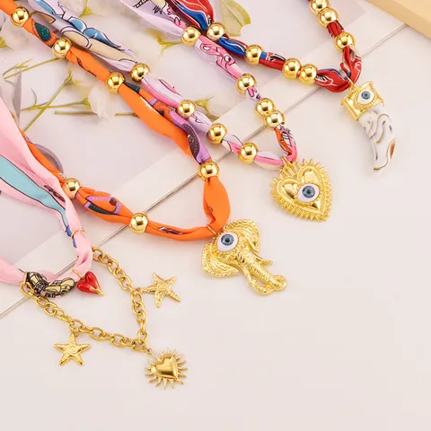 Chic Fashion Silk Scarf Pendant Necklace Copper Chain Vintage Multi Layer Sweater Chain For Women Jewelry