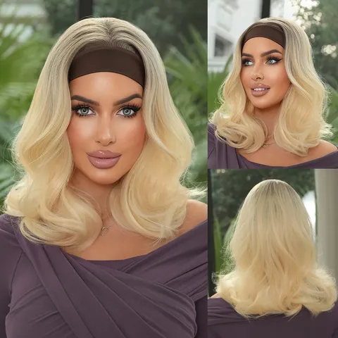Kurze Wellige Haarband Perücke Gold Braun Ombre Lockig Synthetik Hitzebeständig Magic Tape Kopfband Natürliche Perücken