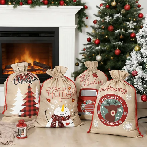 Large Flat Linen Christmas Gift Bag Drawstring Burlap Holiday Present Storage Bag For Xmas Tree Snowman Elk Party Decor