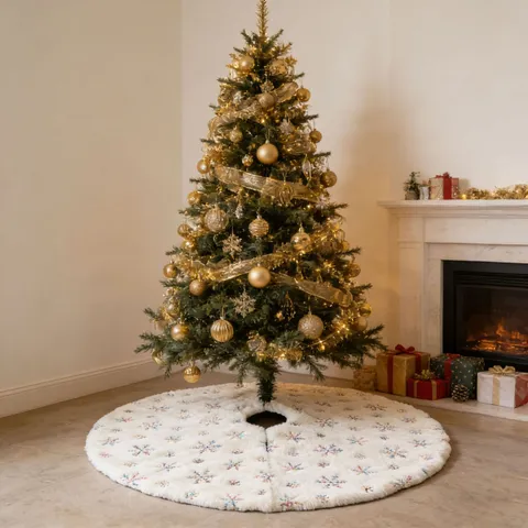 White Plush Christmas Tree Skirt Embroidered Colorful Snowflakes Sequins Holiday Home Decor Xmas Tree Base Cover