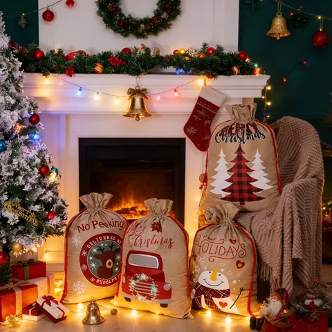 Large Flat Linen Christmas Gift Bag Drawstring Burlap Holiday Present Storage Bag For Xmas Tree Snowman Elk Party Decor