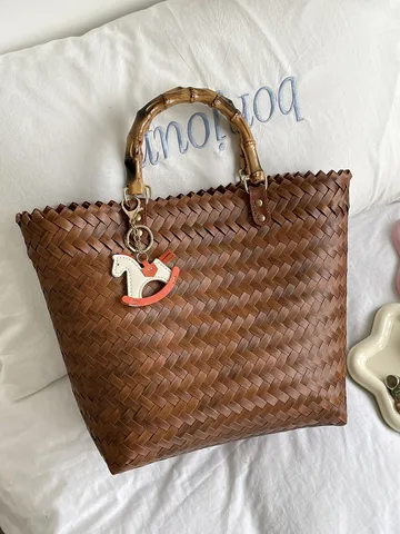 Damen Vintage Gewebte Handtasche Große Kapazität Stroh Korb Tasche Mit Bambus Gelenk Griff Retro Strand Tote Bag Mit Pferd Anhänger