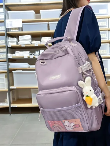 Zaino Scolastico Casual in Stile Giapponese per Studenti in Nylon con Delizioso Ciondolo a Forma di Coniglio per Ragazze Adolescenti Donne