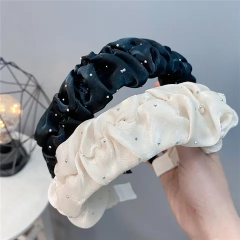 Korean Style Pleated Rhinestone Headband High Crown Puffy Hair Hoop Sweet Satin Hair Accessories For Women Daily