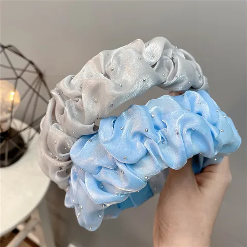 Korean Style Pleated Rhinestone Headband High Crown Puffy Hair Hoop Sweet Satin Hair Accessories For Women Daily