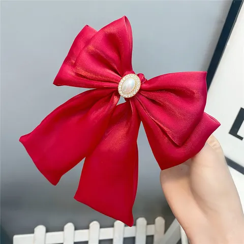 Lolita Long Ribbon Three Layer Bow Hair Clip Artificial Pearl Rhinestone Sweet Hair Accessory For Women