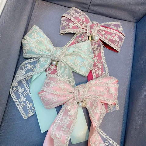 Sweet Lace Double Layer Bowknot Hair Clip Pearl Pendant Cute Barrettes Spring Duckbill Hair Accessories For Women