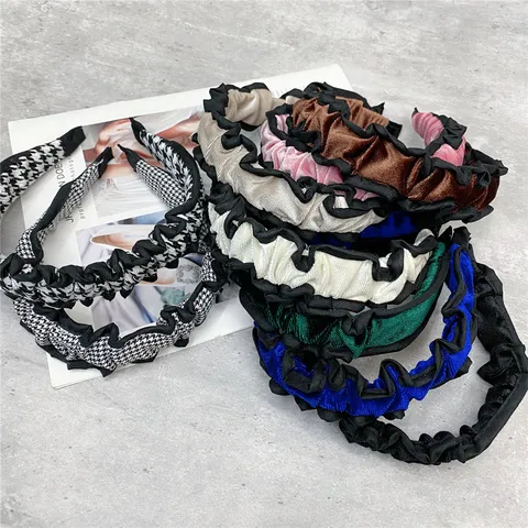Women Fashion Velvet Houndstooth Headband Elegant Ruffle Pleated Hair Hoop Casual Sweet Hair Accessories