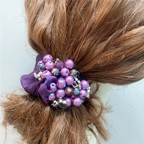 Women Satin Hair Scrunchies Elastic Hair Bands With Artificial Pearl Rhinestone And Clover Flower Charm Fashion Ponytail Holder Hair Accessories