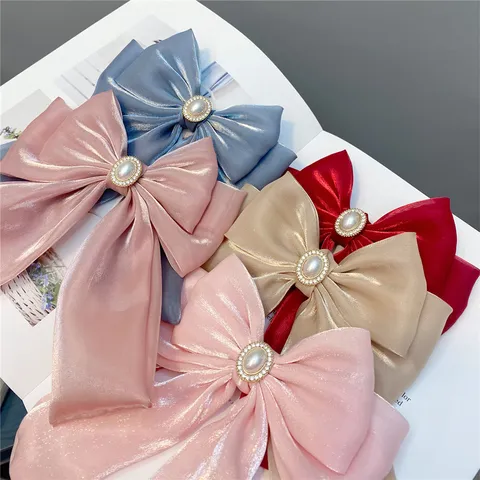 Lolita Long Ribbon Three Layer Bow Hair Clip Artificial Pearl Rhinestone Sweet Hair Accessory For Women