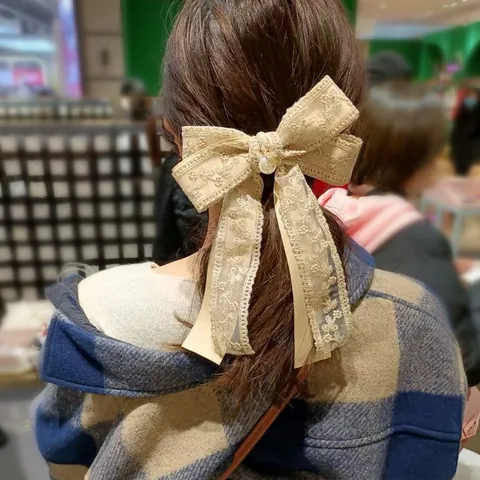 Sweet Lace Double Layer Bowknot Hair Clip Pearl Pendant Cute Barrettes Spring Duckbill Hair Accessories For Women