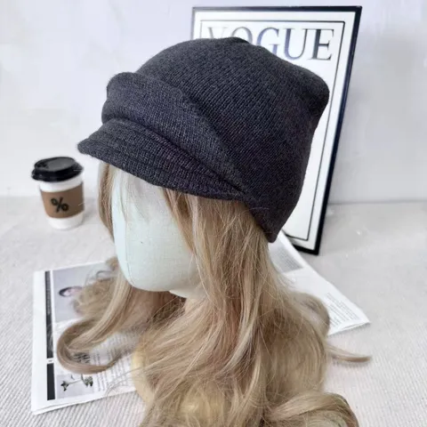 Sombrero Ecuestre de Punto para Mujer Otoño Invierno Cálido Color Sólido Doble Borde Sombrero de Pico de Pato Casual Chic