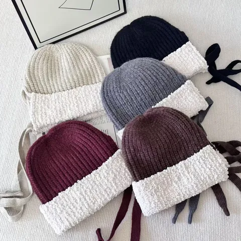 Mujer Invierno Cálido Gorro de Punto Sombrero Empalmado de Felpa con Orejeras Estilo Coreano Espesado A Prueba de Viento Informal