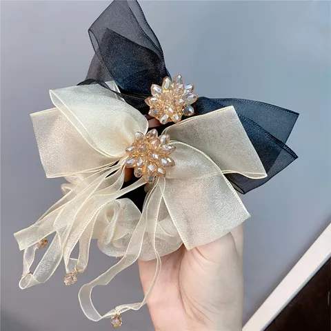 Lichte Luxe Organza Strik Haarelastiek Met Champagne Kristallen Bloem Lint Kwast Elegante Paardenstaart Houder Voor Dames