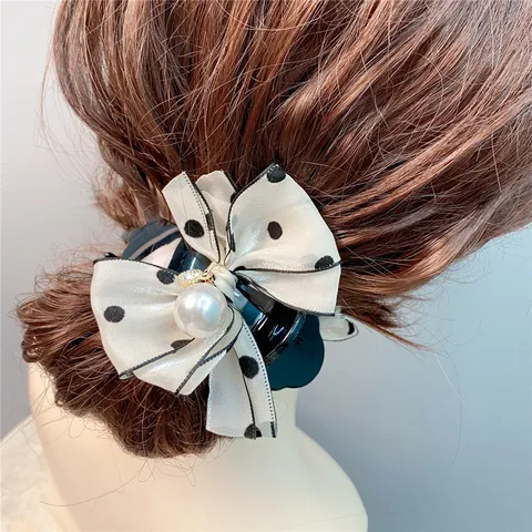 Sweet Bow Hair Claw with Artificial Pearl Rhinestone Polka Dot Hair Clip Banana Clip Hair Accessories for Women