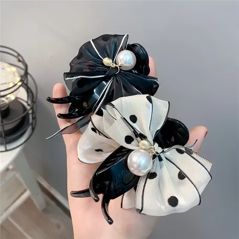 Sweet Bow Hair Claw with Artificial Pearl Rhinestone Polka Dot Hair Clip Banana Clip Hair Accessories for Women
