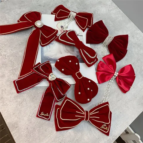 Red Velvet Bow Hair Clip With Rhinestone Pearl Tassel Elegant Wedding Hair Accessories For Women
