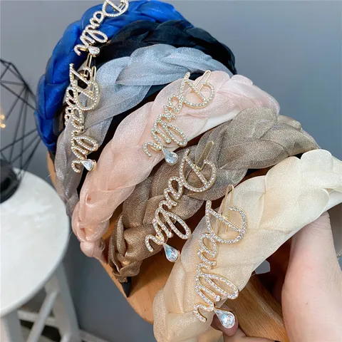 Stylish Braided Headband Fabric Alloy Rhinestone Twist Hair Hoop With Sparkling Letter Decoration Elegant Women Hair Accessories