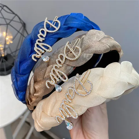 Stylish Braided Headband Fabric Alloy Rhinestone Twist Hair Hoop With Sparkling Letter Decoration Elegant Women Hair Accessories