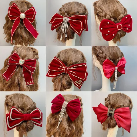 Red Velvet Bow Hair Clip With Rhinestone Pearl Tassel Elegant Wedding Hair Accessories For Women