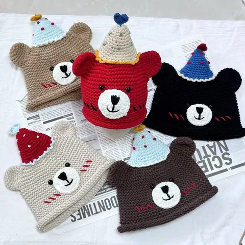 Handmade Knitted Cartoon Bear Beanie Hat Cute Birthday Bear Crochet Warm Winter Cap Sweet Style Knitwear Gift For Women