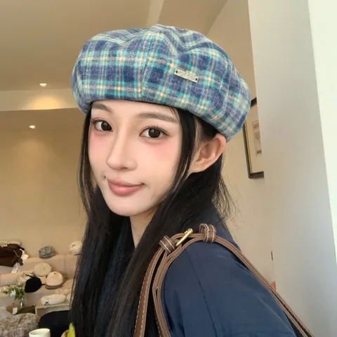 Women's Vintage Sweet Plaid Beret Hat Cotton Breathable Painter Cap Casual Spring Autumn Fashion Headwear