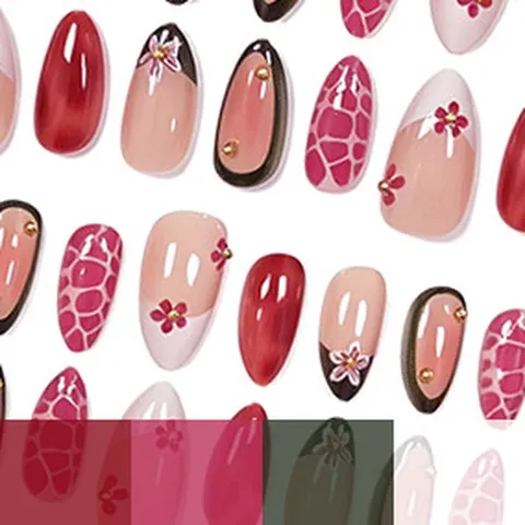 Faux Ongles à Presser Français Estompés Floraux Longueur Moyenne Forme d'Amande Lot de 30 Pièces Élégants Avec Perles en Métal pour Femmes Décoration d'Ongles