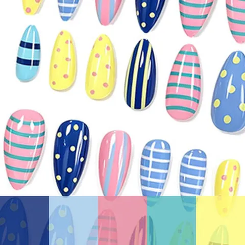 24 Pièces Faux Ongles à Presser Style Dopamine Rayés à Pois Color Block Longueur Moyenne Forme d'Amande Avec Colle Gelée et Lime à Ongles pour Femmes