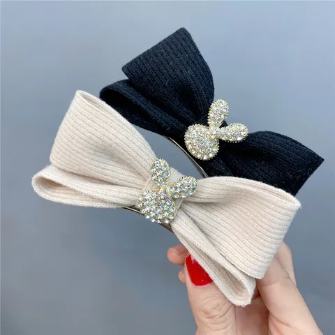 Cute Knitted Wool Bow Hair Clip Rhinestone Rabbit Spring Hair Barrette Fashion Winter Hair Accessories For Women