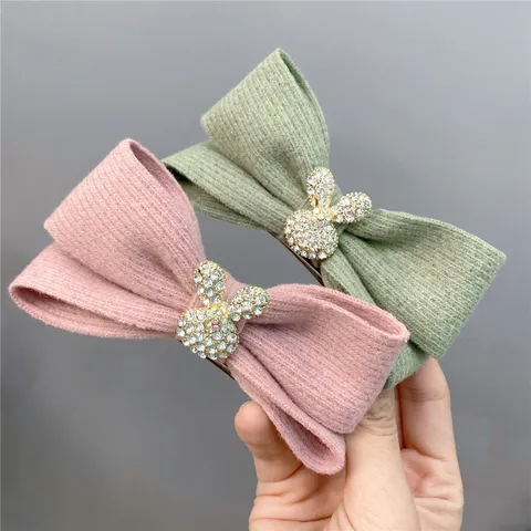 Cute Knitted Wool Bow Hair Clip Rhinestone Rabbit Spring Hair Barrette Fashion Winter Hair Accessories For Women