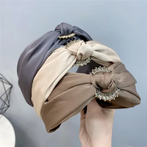 Wide Satin Headband For Women Rhinestone Round Flower Knotted Hair Hoop Elegant Fashion Hair Accessories Headwear