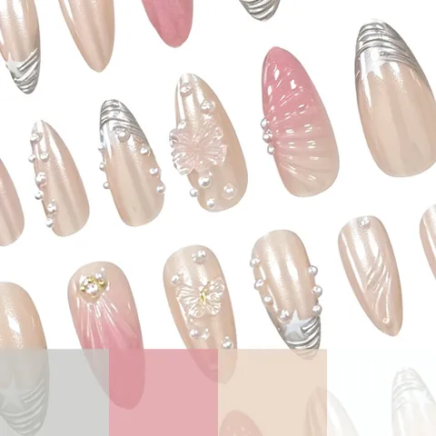 Long Almond Press On Nails 3D Relief Pearl Star Bow Design ABS False Nails Sweet Style Daily Wear Nail Art Set