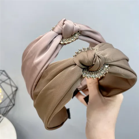 Wide Satin Headband For Women Rhinestone Round Flower Knotted Hair Hoop Elegant Fashion Hair Accessories Headwear