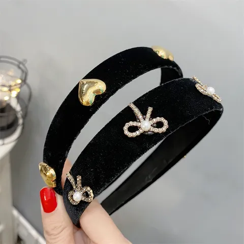 Women Velvet Sponge High Crown Headband Rhinestone Bowknot Metal Heart Fashion Hair Accessories Hair Hoop