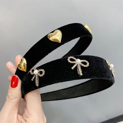 Women Velvet Sponge High Crown Headband Rhinestone Bowknot Metal Heart Fashion Hair Accessories Hair Hoop