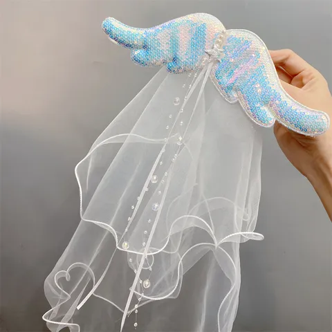 White Double Layer Mesh Veil Hair Clip Angel Wing Artificial Pearl Bow Kids Bridal Hair Accessories For Wedding Party