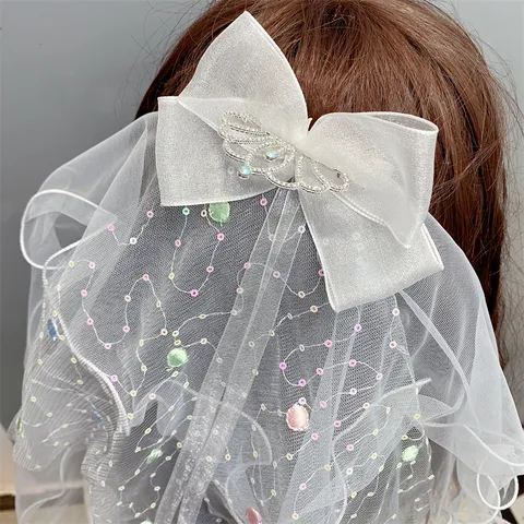 White Double Layer Mesh Veil Hair Clip Angel Wing Artificial Pearl Bow Kids Bridal Hair Accessories For Wedding Party