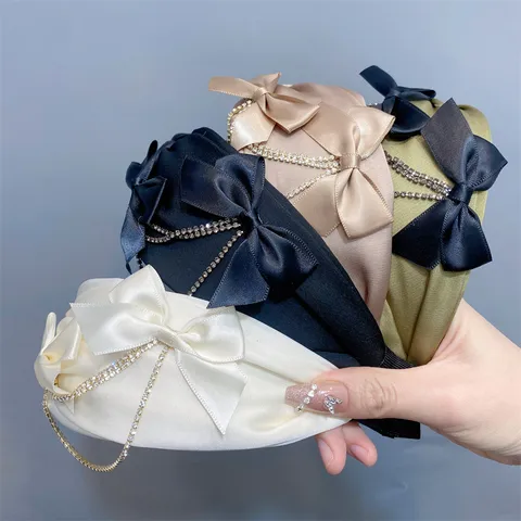 Korean Style Satin Ribbon Bowknot Rhinestone Tassel Headband Sweet Elegant Hair Hoop Hair Accessories For Women