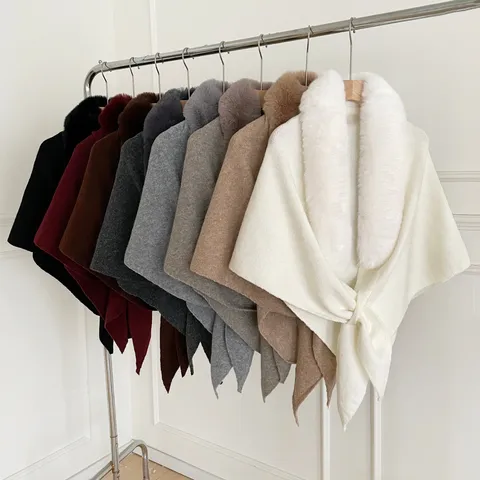 Fall Winter Women Korean Style Faux Fox Fur Collar Knitted Shawl Solid Color Warm Cape Outerwear Scarf