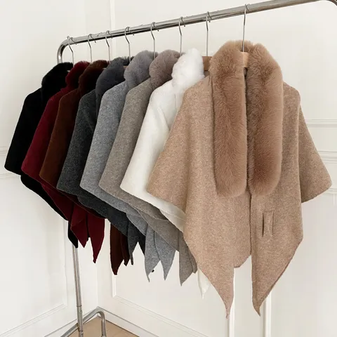 Fall Winter Women Korean Style Faux Fox Fur Collar Knitted Shawl Solid Color Warm Cape Outerwear Scarf