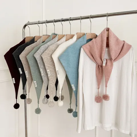 Women Winter Warm Knitted Triangle Scarf Solid Color Pom Pom Shawl Casual Fashion Polyester Scarf Cold Weather Neck Wrap